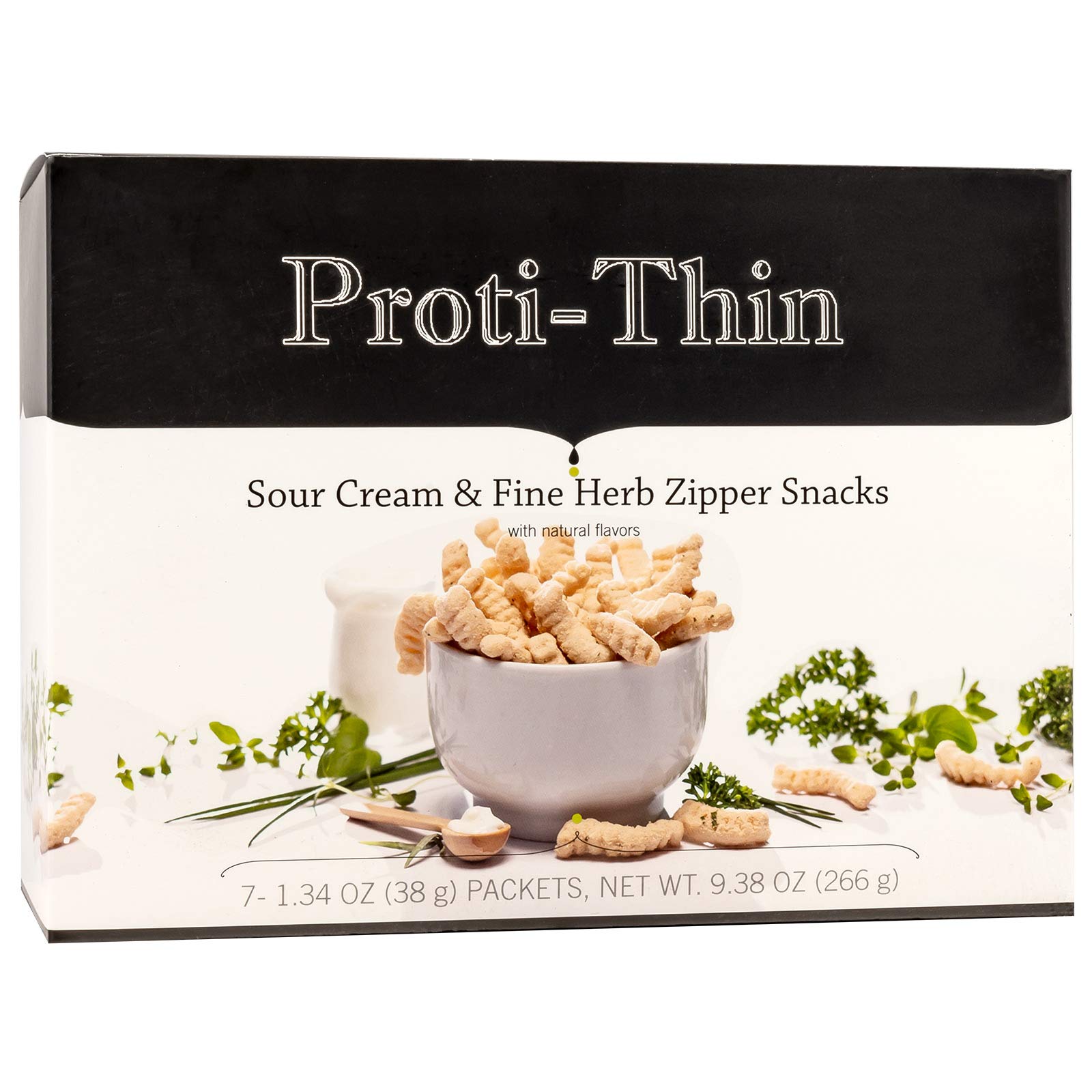 Proti-Thin Sour Cream & Fine Herbs zipper snacks bag showing protein-packed, low-calorie snack