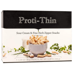 Proti-Thin Sour Cream & Fine Herbs zipper snacks bag showing protein-packed, low-calorie snack