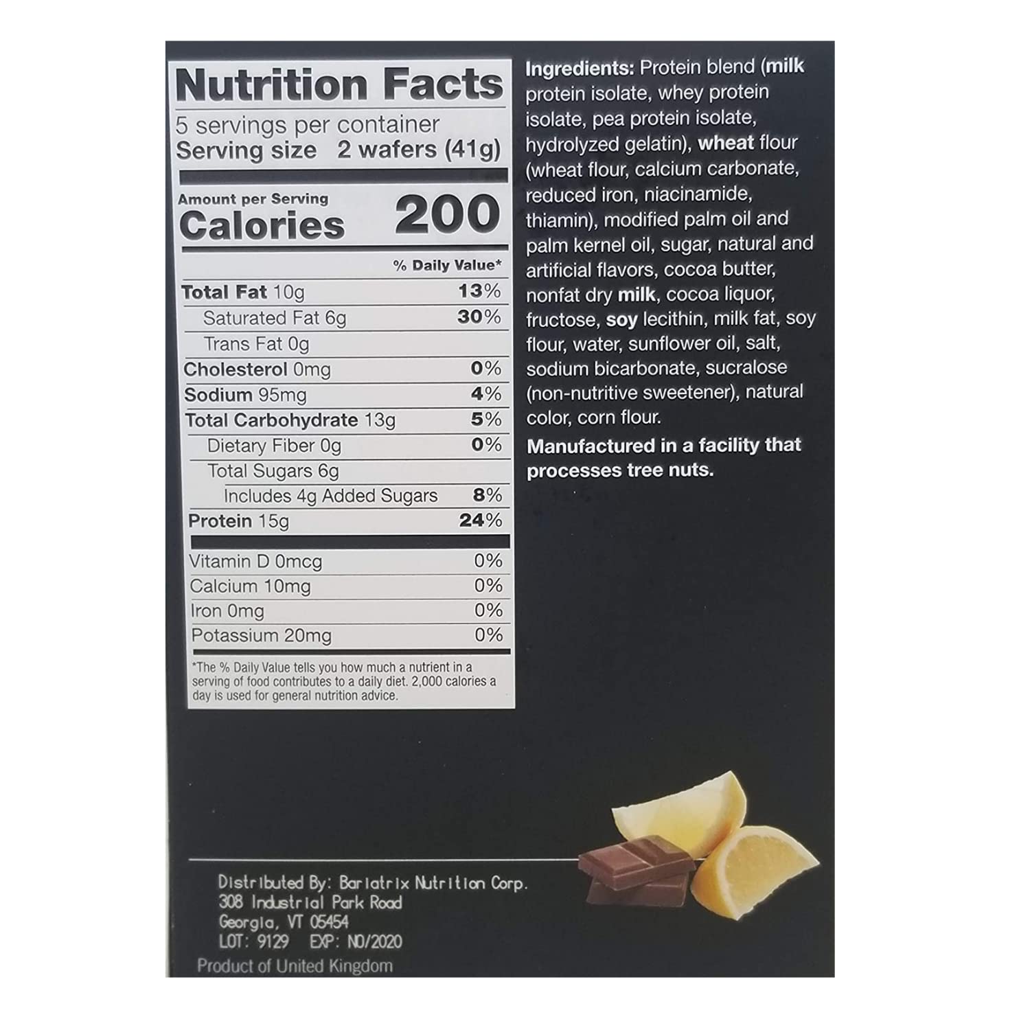 ProtiFit Lemon Wafer Bar pack back displays nutrition details for a low-calorie snack