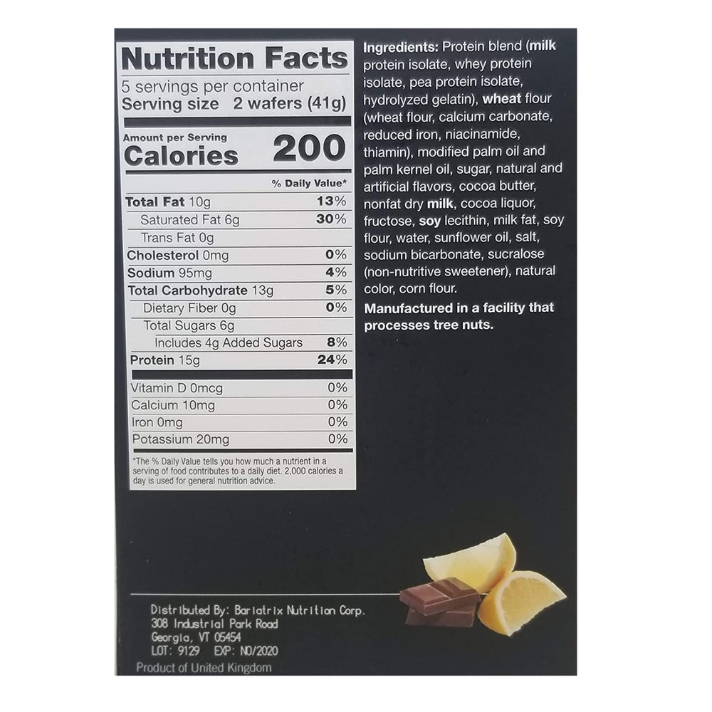 ProtiFit Lemon Wafer Bar pack back displays nutrition details for a low-calorie snack