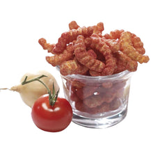 ProtiFit Tangy Tomato Zipper Snacks crisp chips on plate highlighting convenient, high-protein snacking.