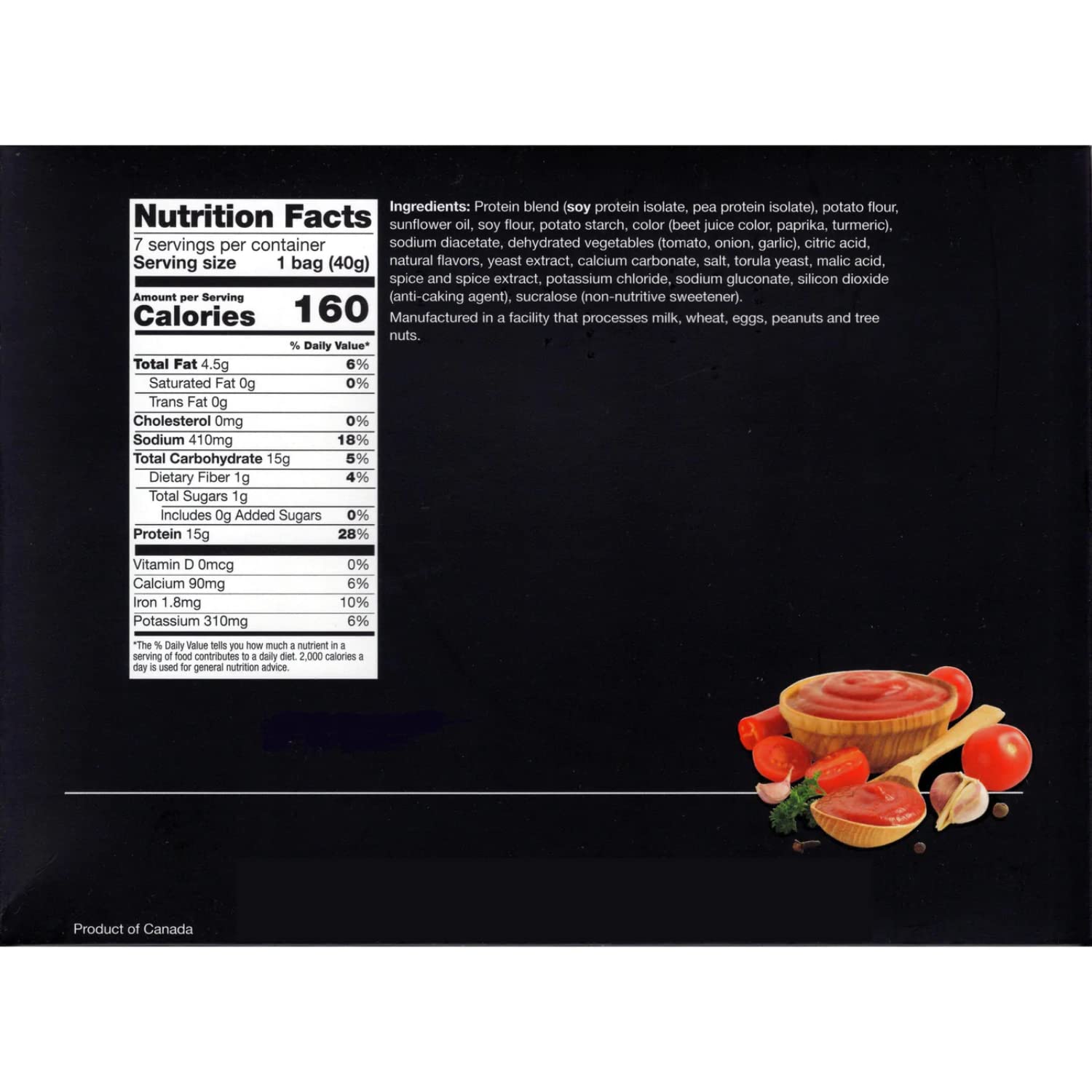 ProtiFit Tangy Tomato Zipper Snacks close-up of ingredients emphasizes low sugar and protein.