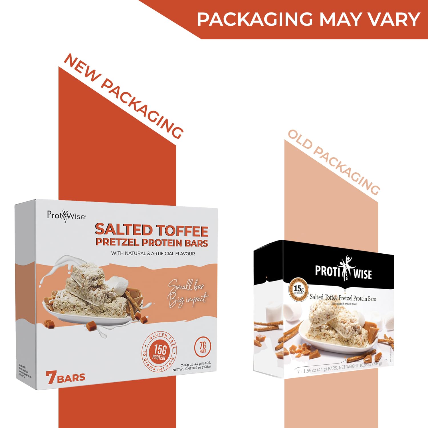 Nutrition label on ProtiWise Salted Toffee Bar shows 15g protein and low sugar