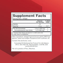 PROTOCOL FOR LIFE BALANCE DHA-1,000 softgels being poured, suggesting easy daily supplementation.