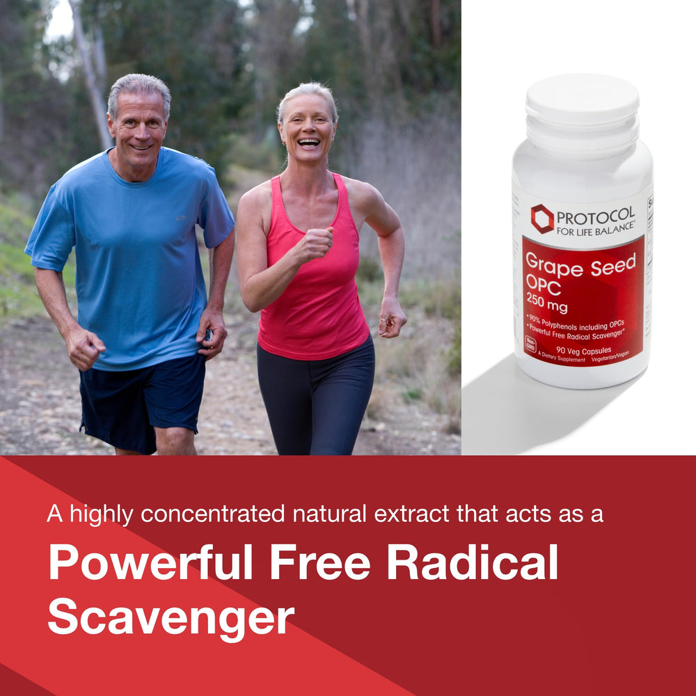 Protocol For Life Balance grape seed OPC label notes 90% polyphenols and OPCs in each serving.