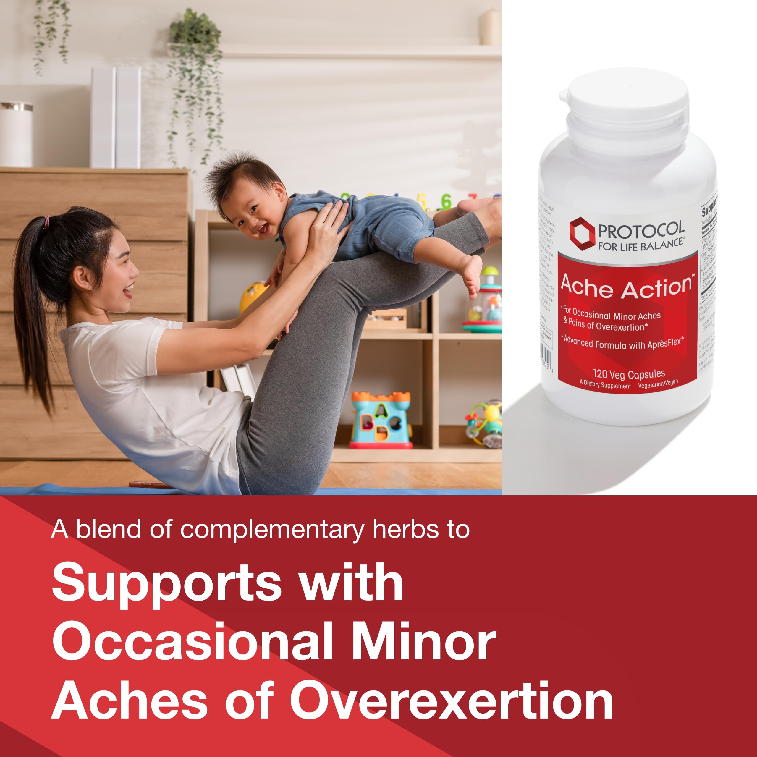 PROTOCOL FOR LIFE BALANCE Ache Action ginger root extract close-up indicates natural support for joints