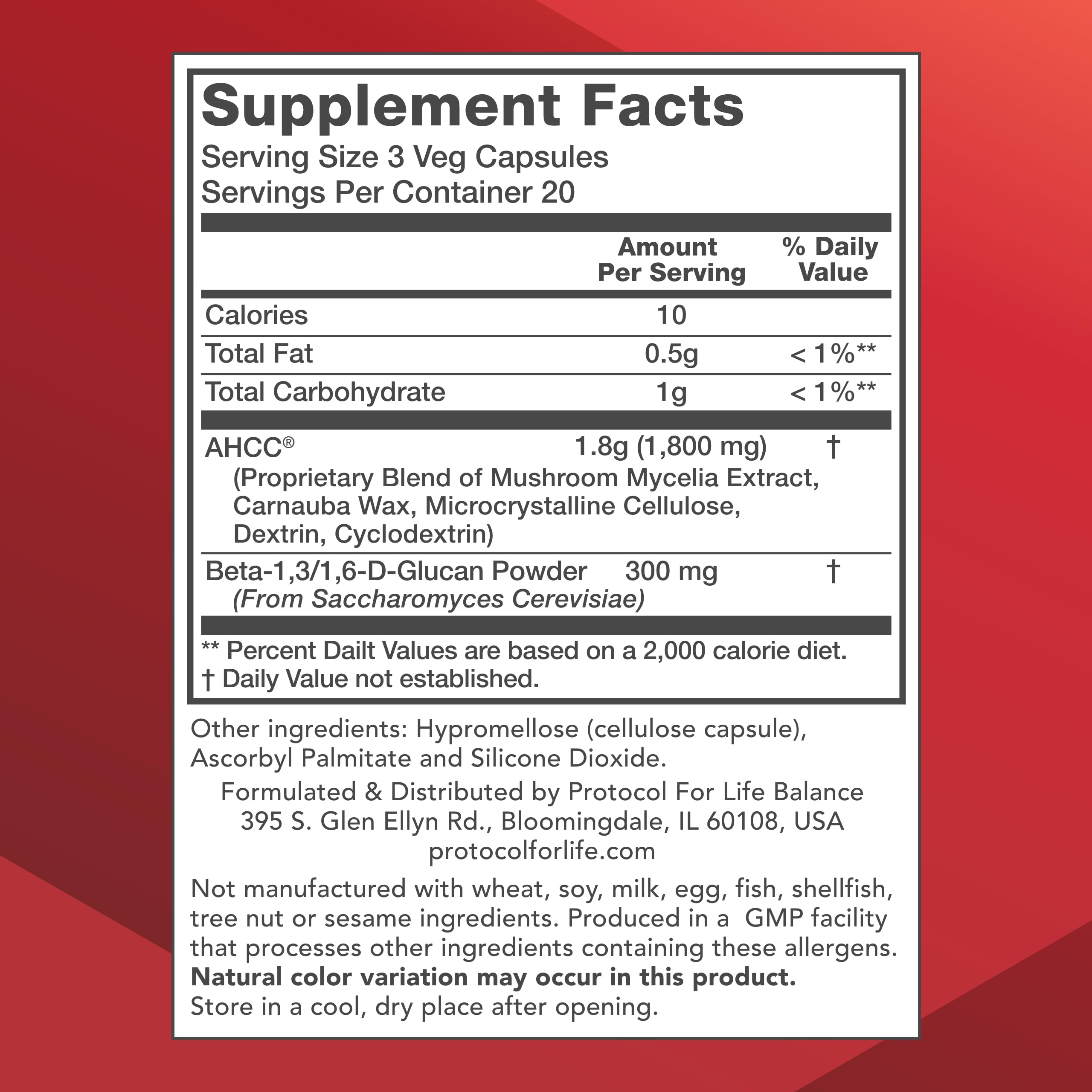 Bottle label shows AHCC 600mg ingredients supporting immune balance and liver health