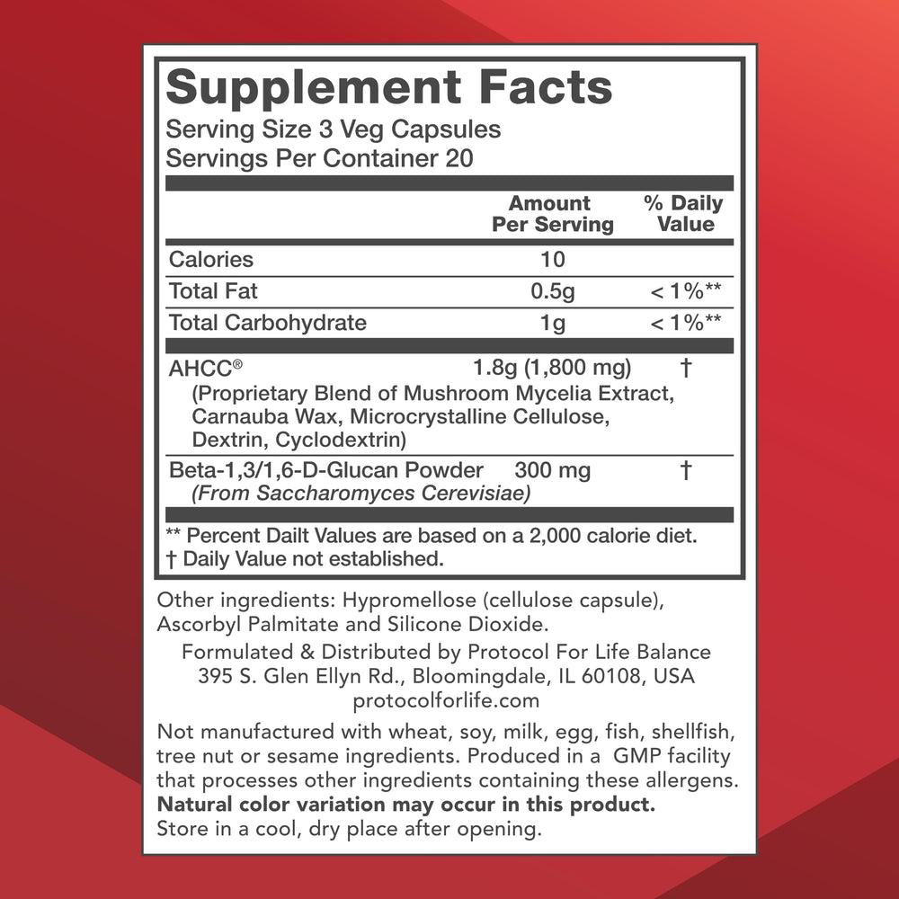 Bottle label shows AHCC 600mg ingredients supporting immune balance and liver health