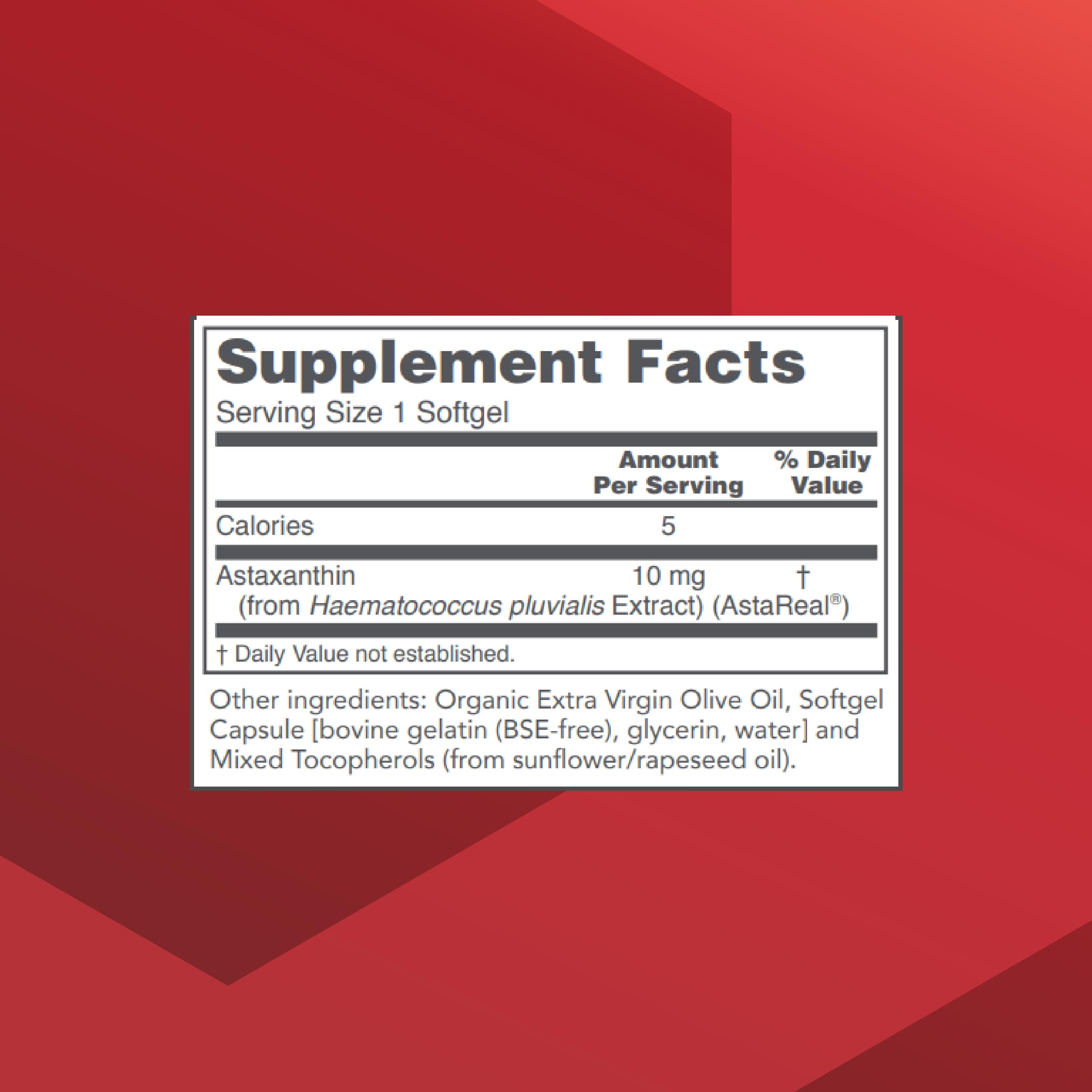 Protocol for Life Balance astaxanthin softgel label closeup shows non-GMO, dairy-free formula