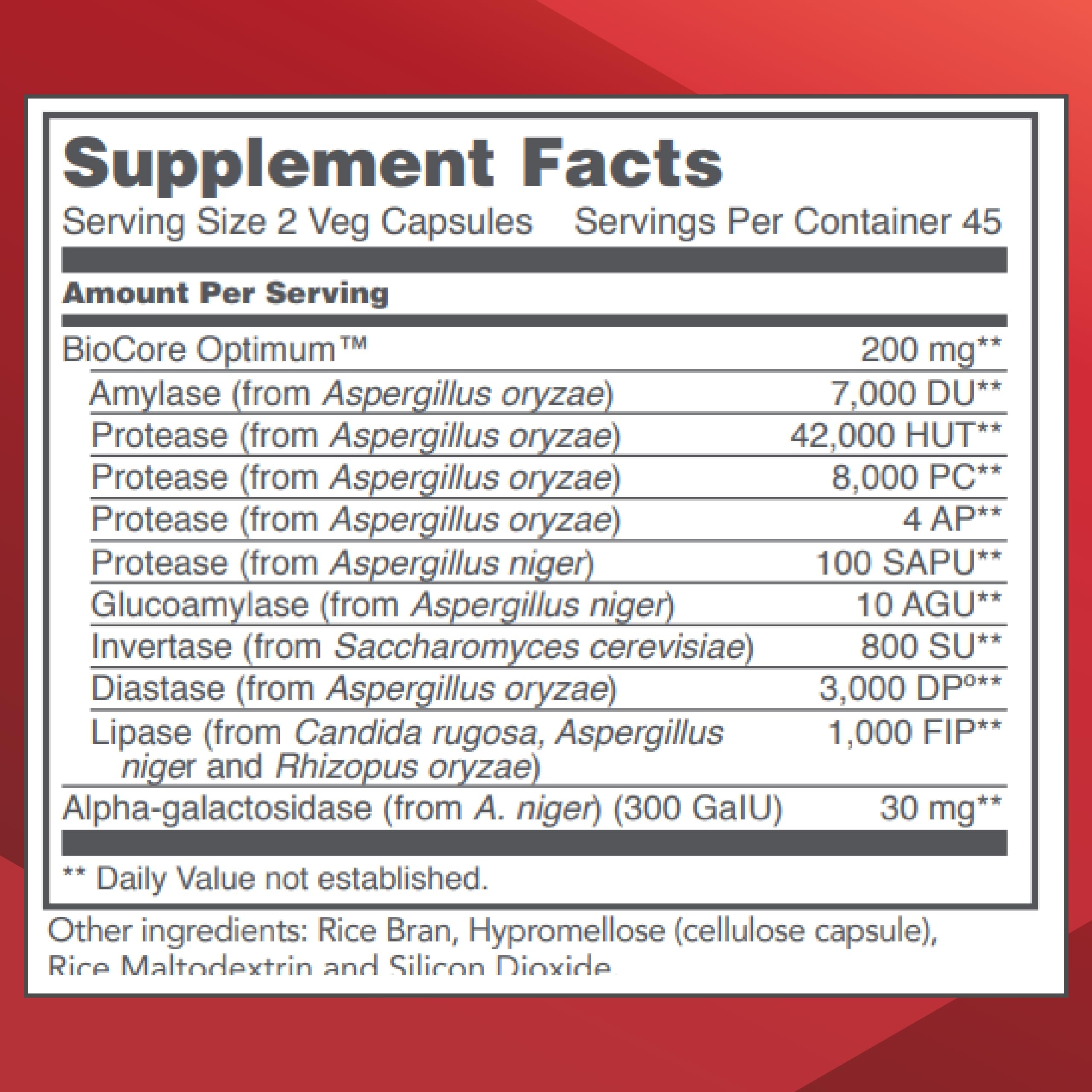 BioCore Enhanced Enzymes bottle label highlights key enzymes for meal comfort