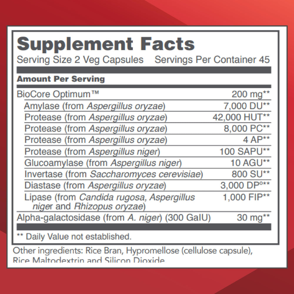 BioCore Enhanced Enzymes bottle label highlights key enzymes for meal comfort