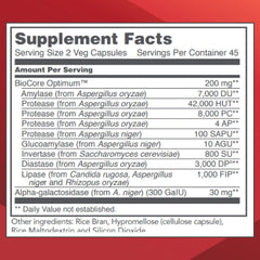BioCore Enhanced Enzymes bottle label highlights key enzymes for meal comfort
