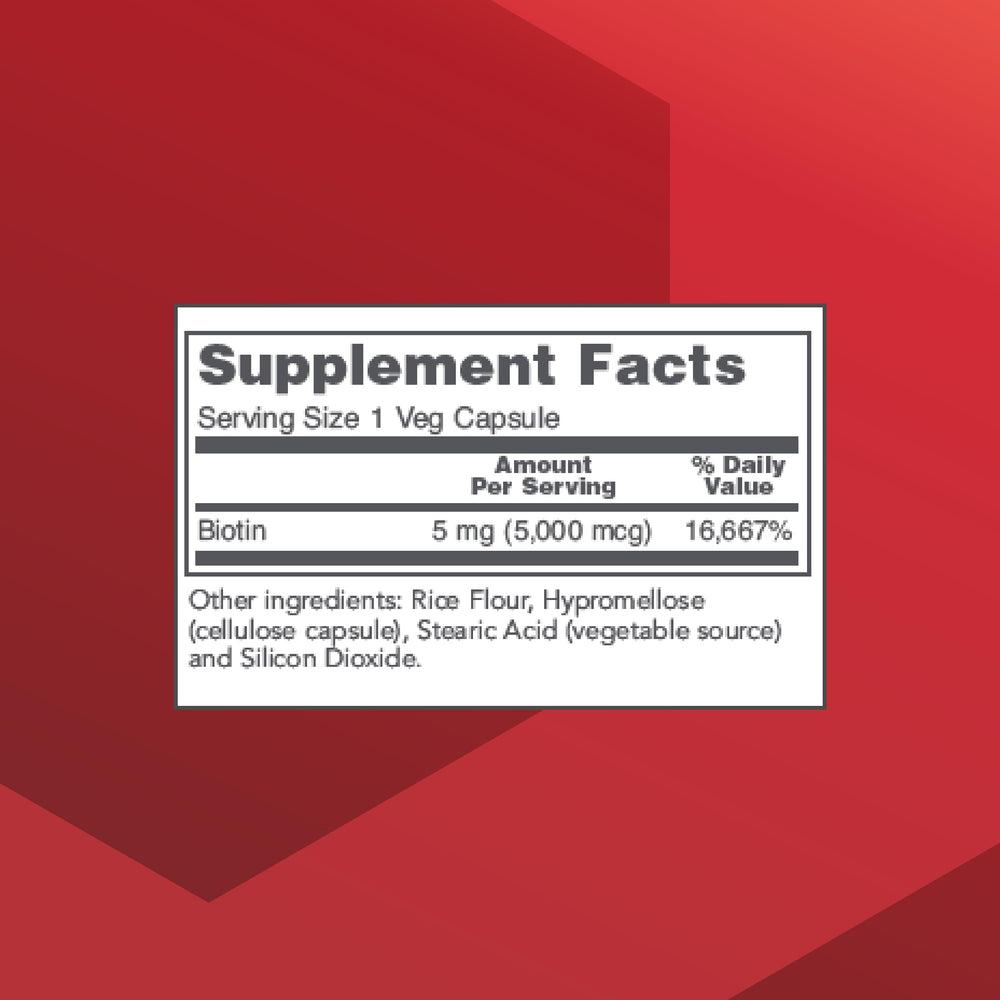 Close-up of PROTOCOL FOR LIFE BALANCE Biotin 5000mcg bottle label and dosing