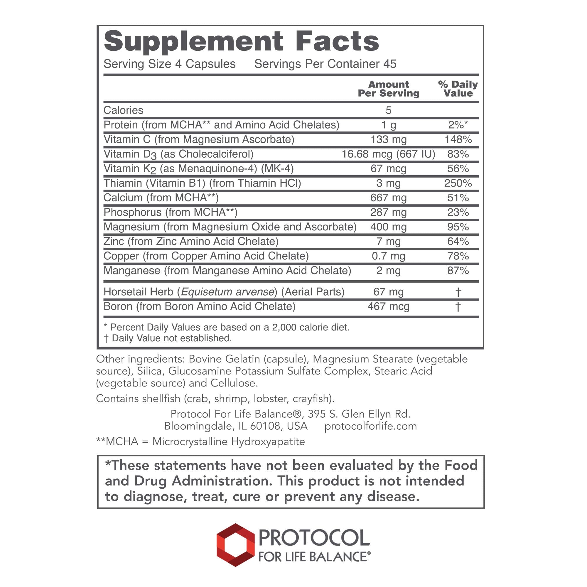 Protocol for Life Balance Bone Support Formula capsules closeup with MCHA focus for bone structure