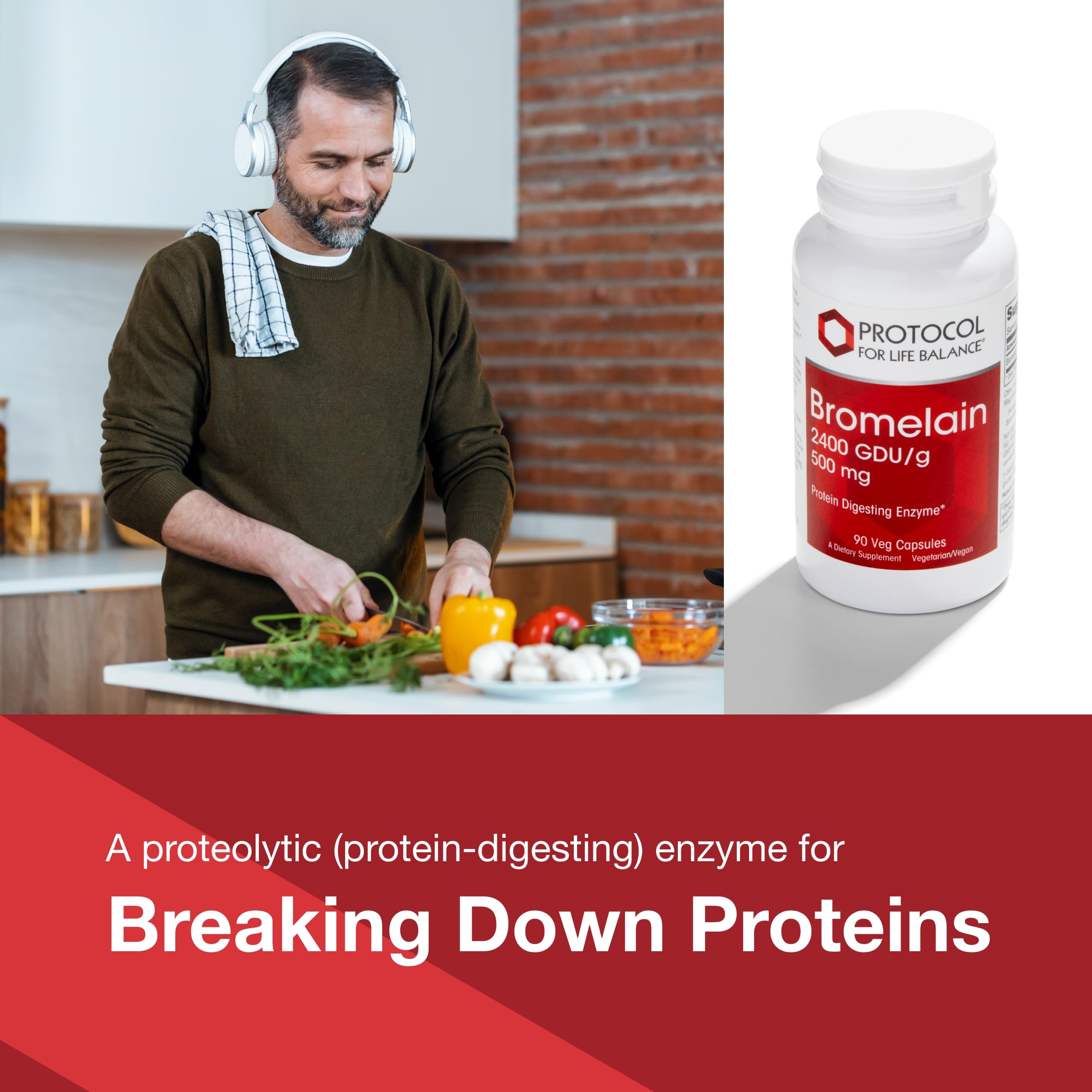 Protocol for Life Balance Bromelain label highlighting vegan and kosher ingredients