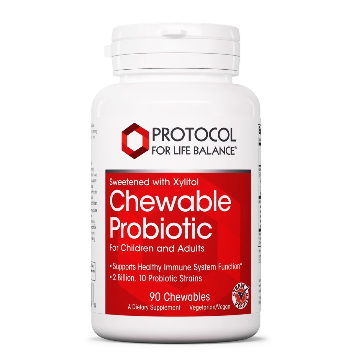 PROTOCOL FOR LIFE BALANCE chewable probiotic bottle showing 2B CFU for digestive support
