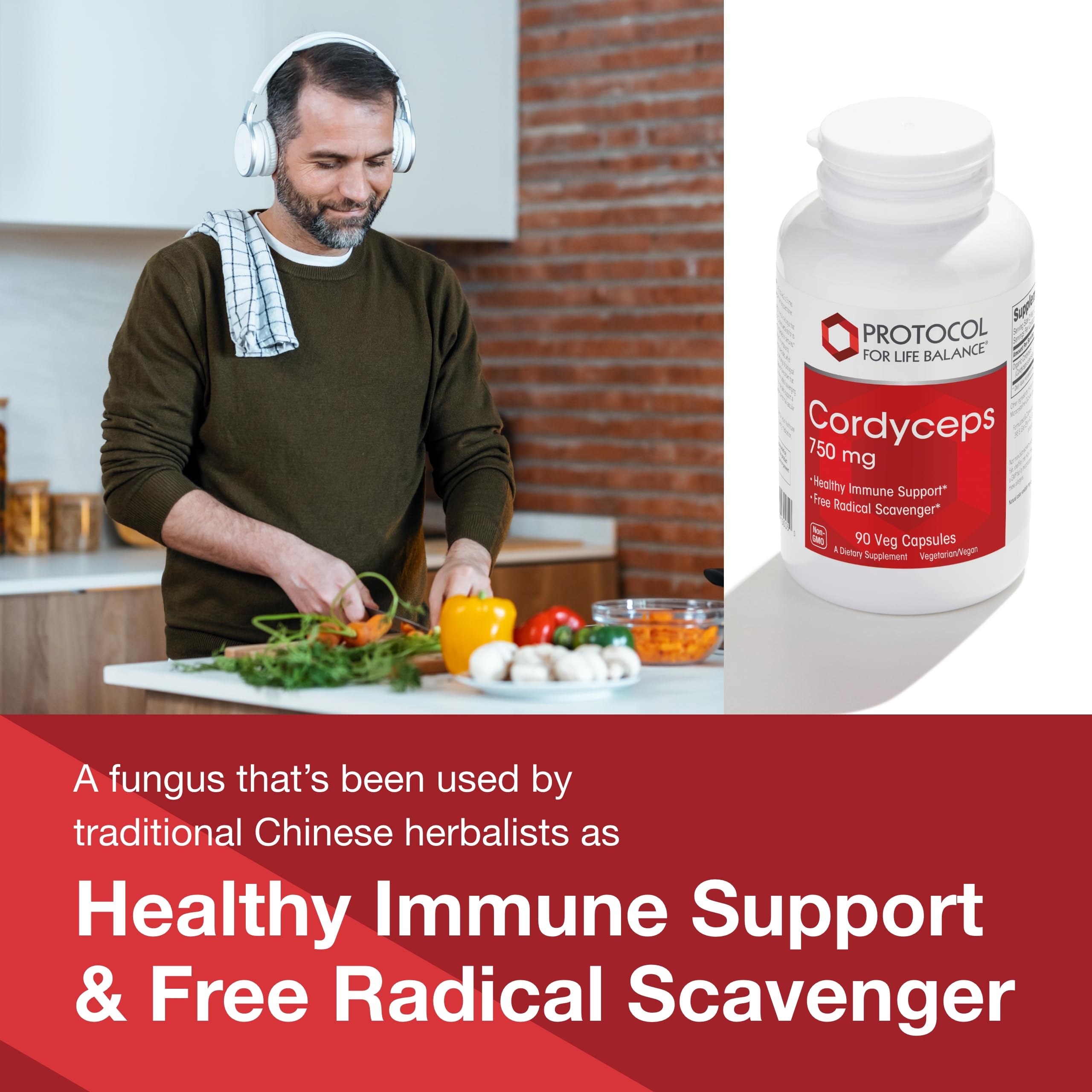 PROTOCOL FOR LIFE BALANCE Cordyceps 750mg label close-up with ingredients and serving details