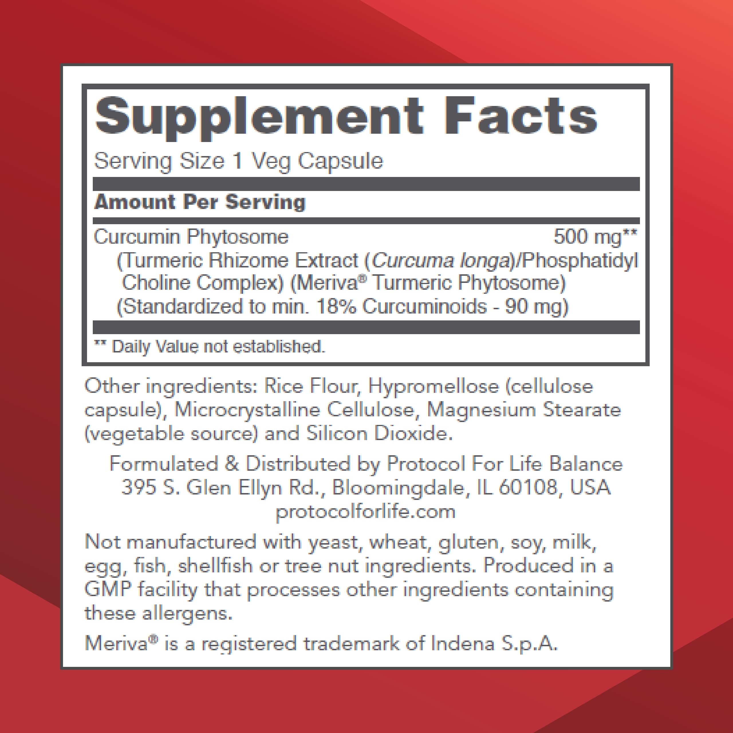 PROTOCOL FOR LIFE BALANCE Curcumin PC bottle back label details dosage and usage