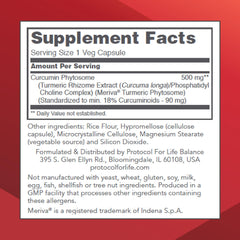 PROTOCOL FOR LIFE BALANCE Curcumin PC bottle back label details dosage and usage