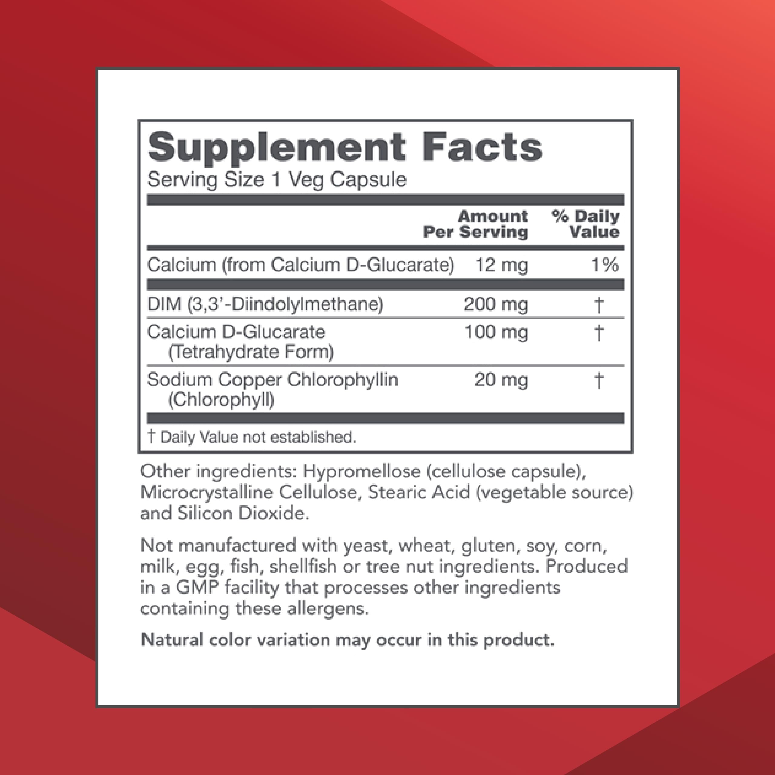 DIM 200 Plus CDG capsules close up on bottle for calcium D glucarate benefits