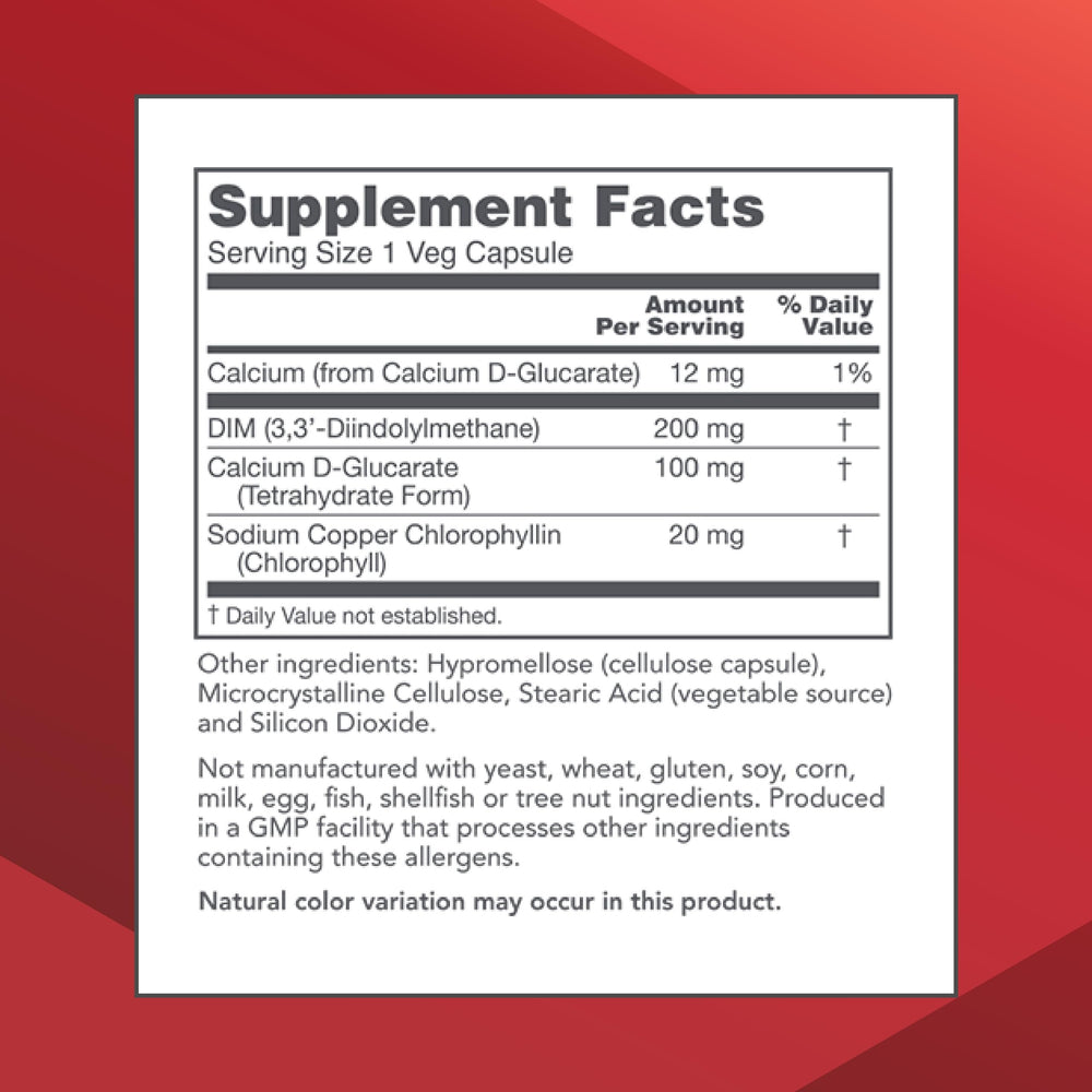 DIM 200 Plus CDG capsules close up on bottle for calcium D glucarate benefits