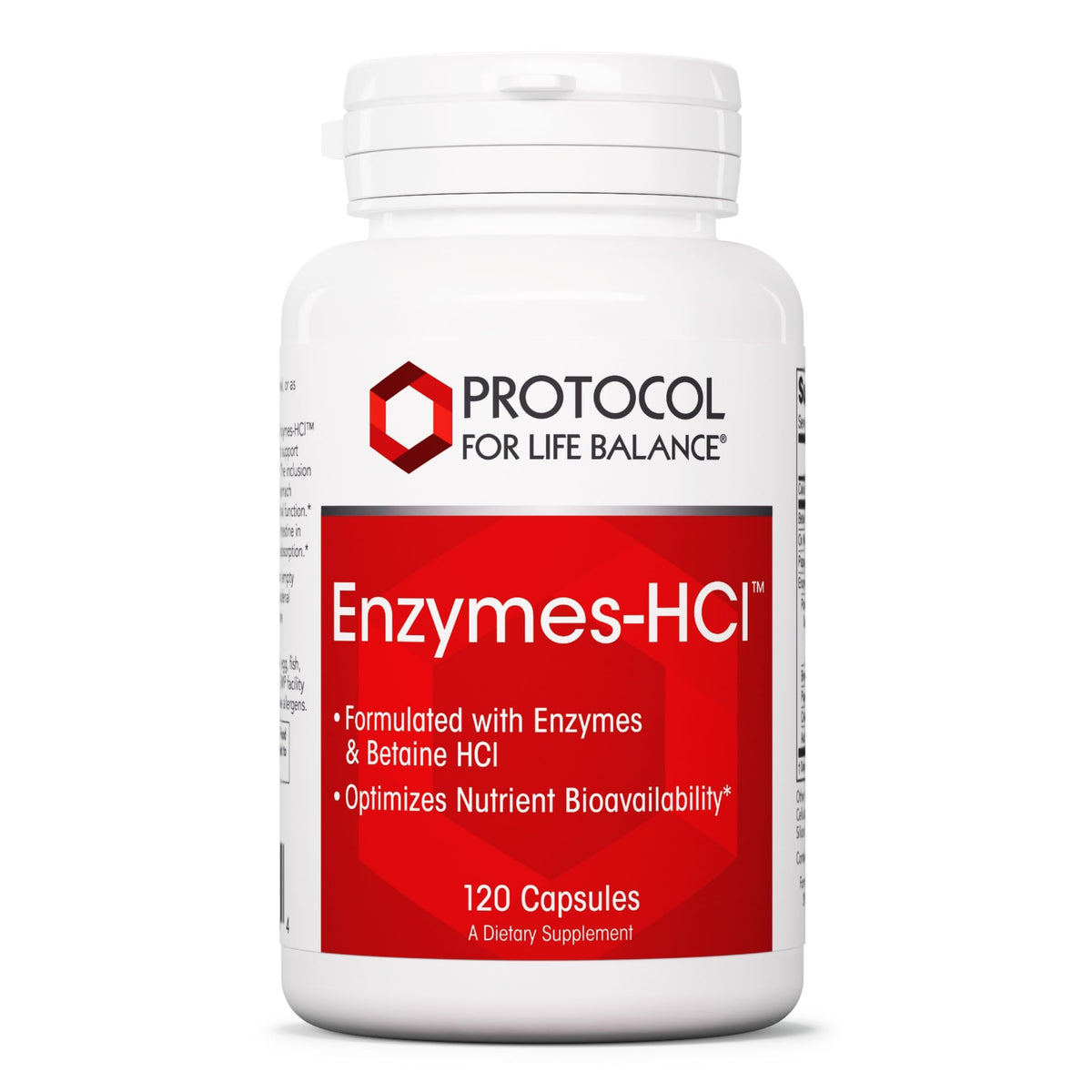 PROTOCOL FOR LIFE BALANCE Enzymes-HCl bottle front view showing digestion support