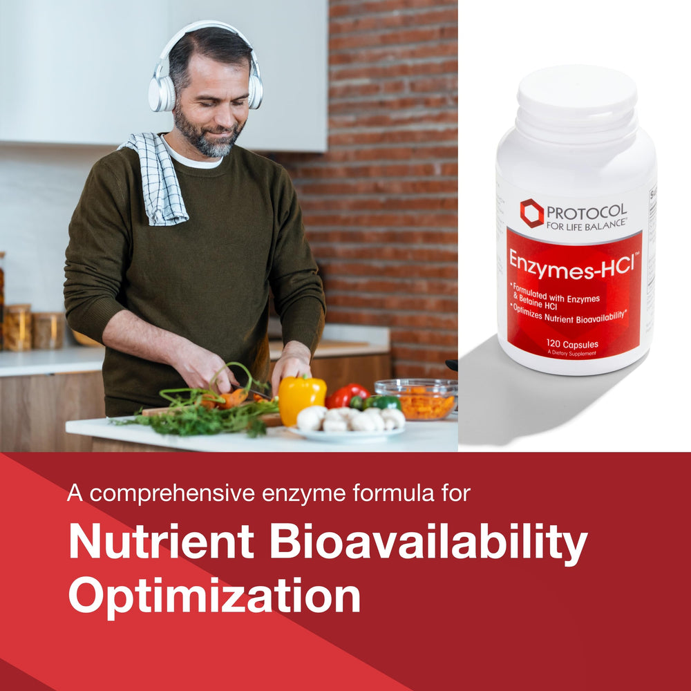PROTOCOL FOR LIFE BALANCE Enzymes-HCl capsules close-up for digestion support