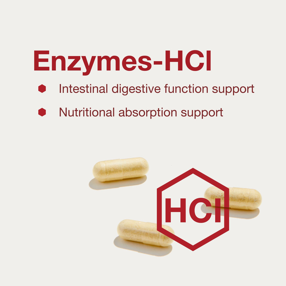 PROTOCOL FOR LIFE BALANCE Enzymes-HCl label close-up highlighting Betaine HCl