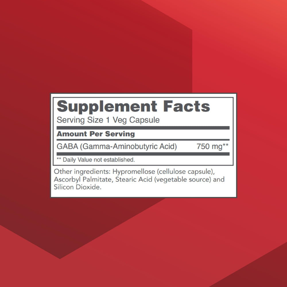 GABA 750mg bottle label showing dosage and allergen-friendly features