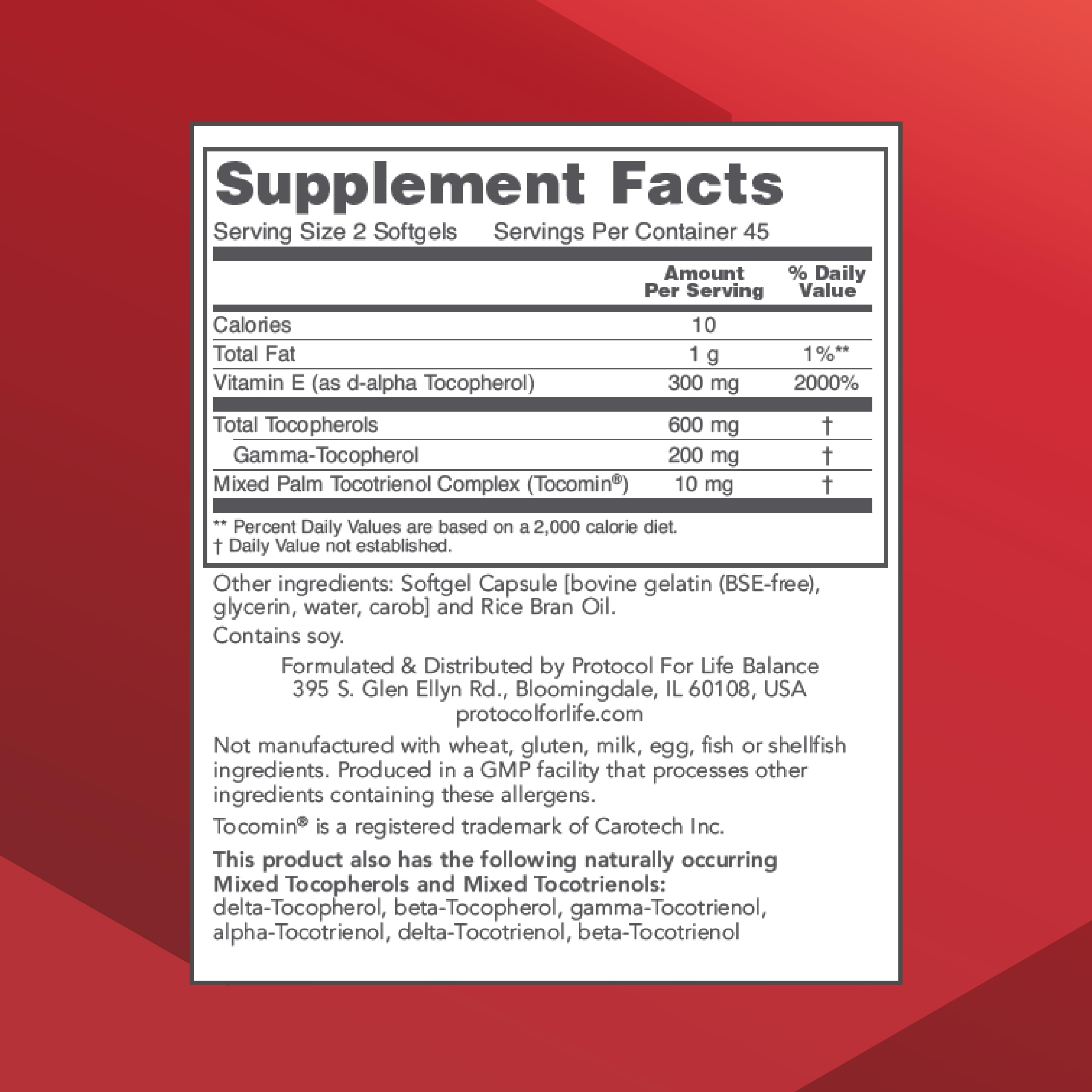 PROTOCOL FOR LIFE BALANCE Gamma E Toc Complex bottle back with supplement facts