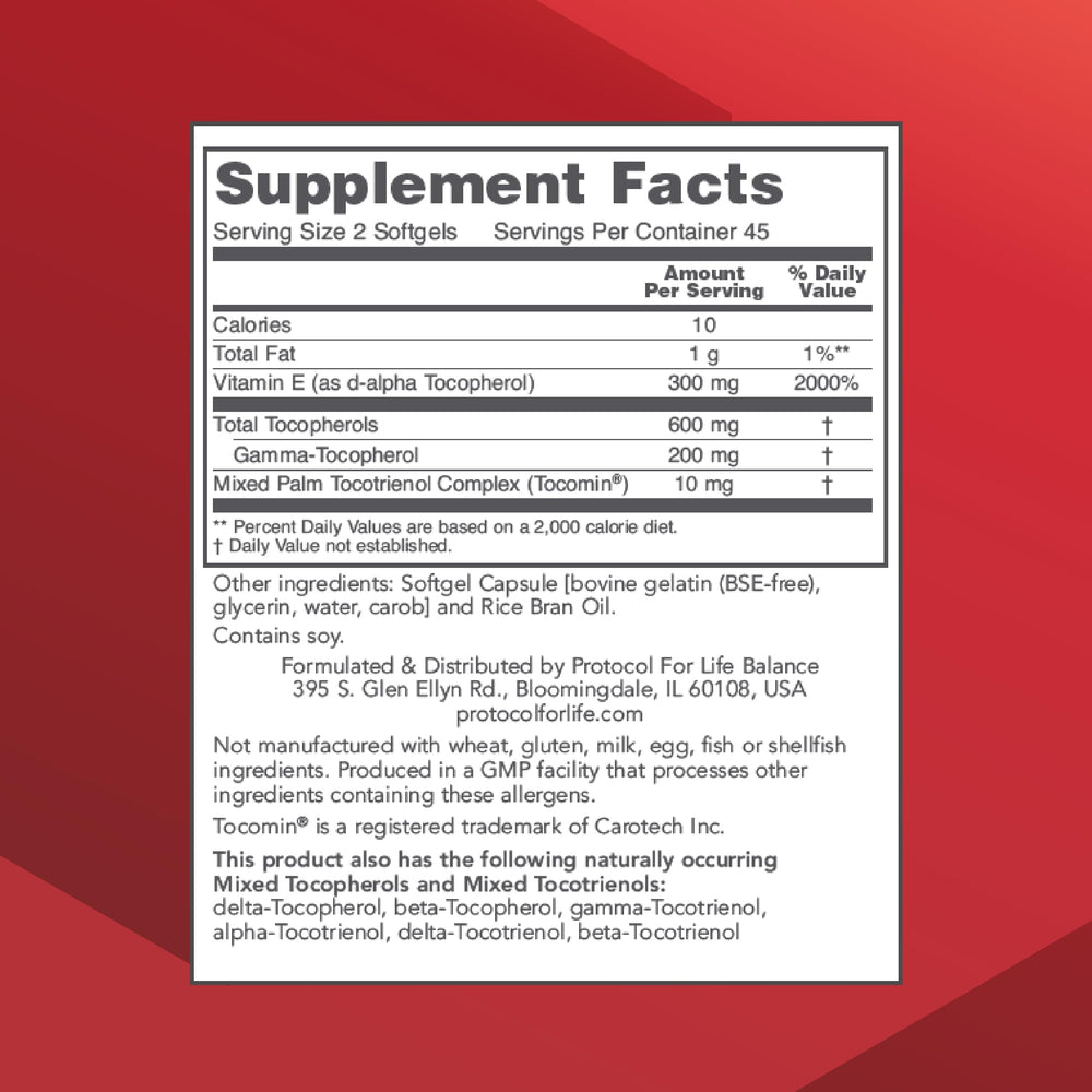 PROTOCOL FOR LIFE BALANCE Gamma E Toc Complex bottle back with supplement facts