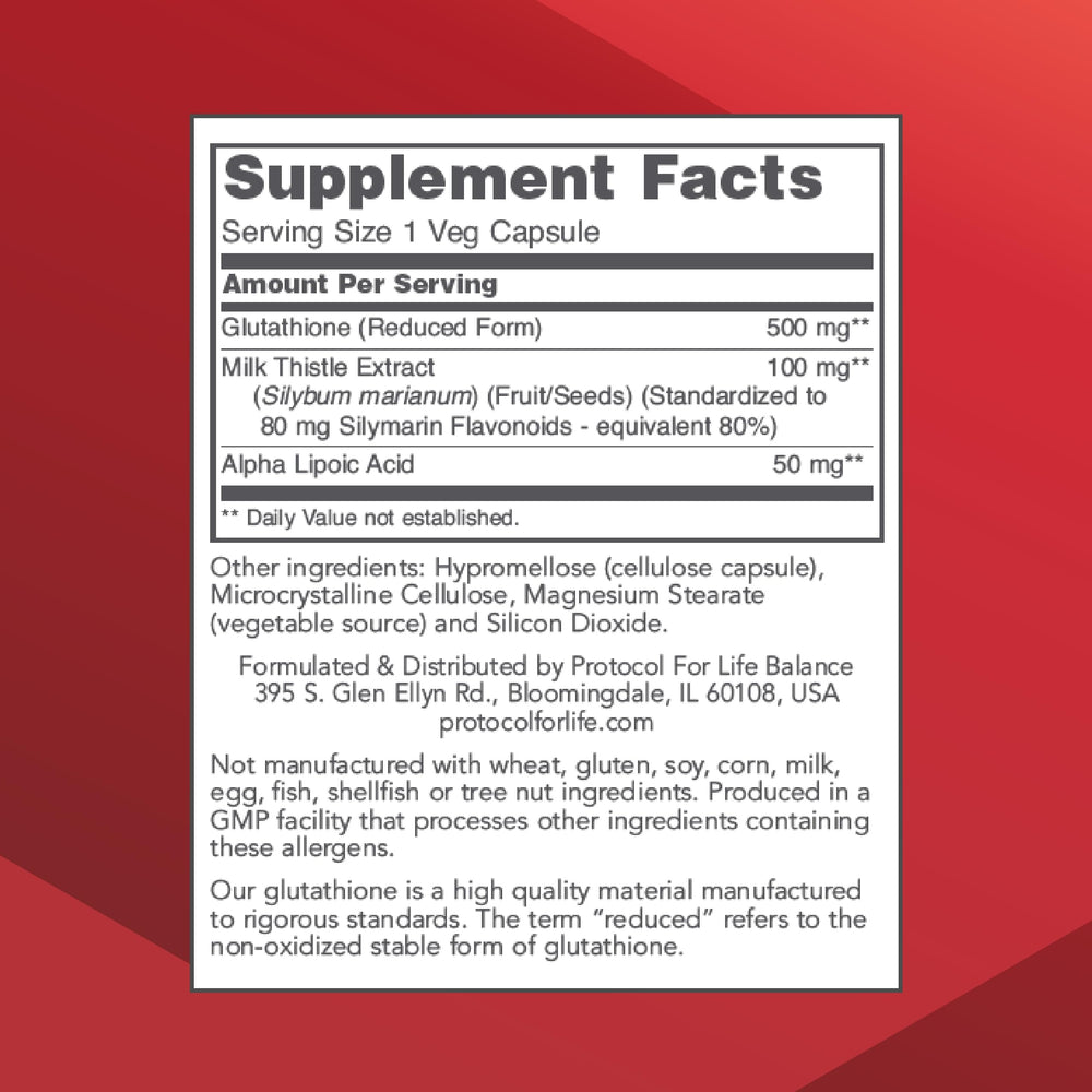 PROTOCOL FOR LIFE BALANCE glutathione capsules highlight convenient daily supplementation.