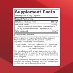 PROTOCOL FOR LIFE BALANCE glutathione capsules highlight convenient daily supplementation.