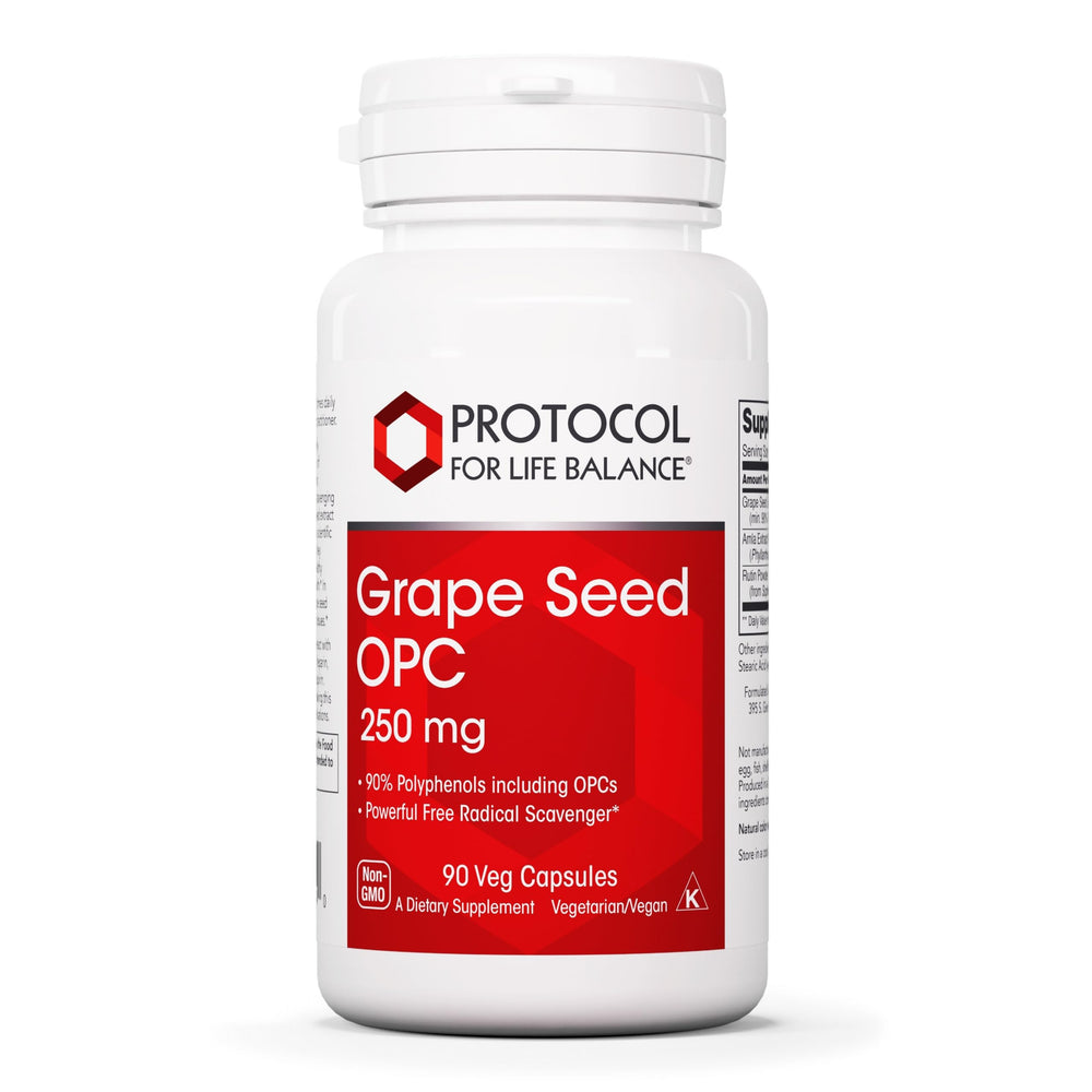 Protocol For Life Balance grape seed OPC bottle highlights concentrated 250mg extract for daily balance.