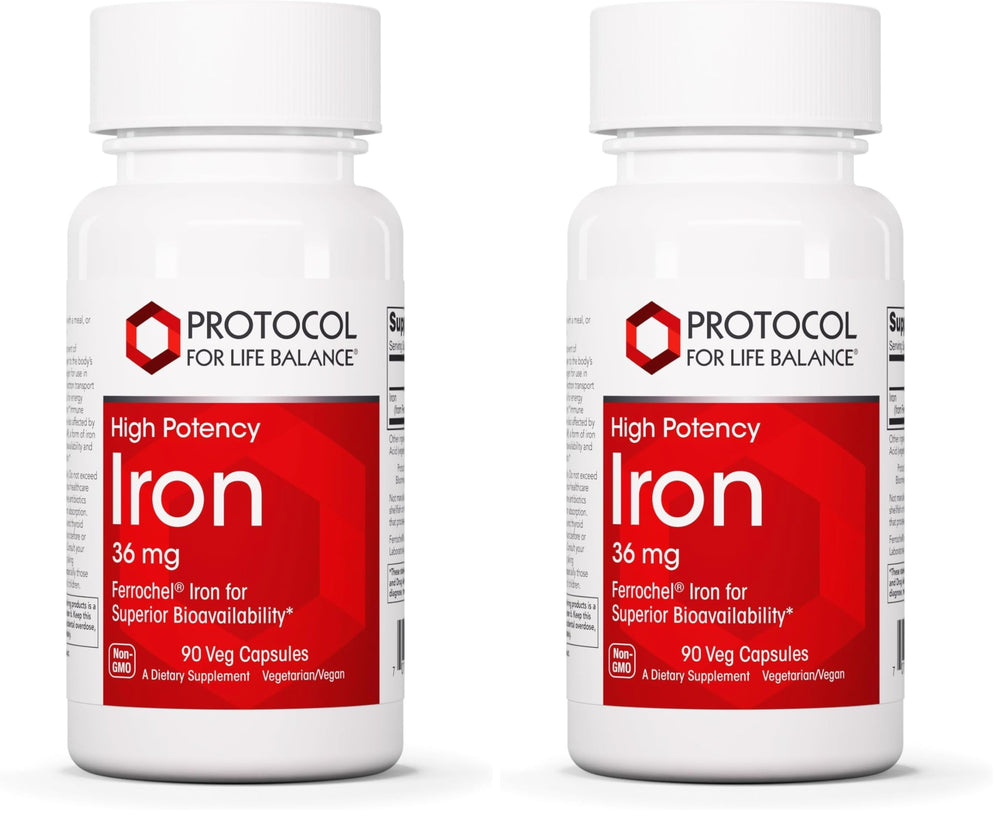 Protocol for Life Balance Iron 36mg bottle on shelf, supports energy and daily immune function.