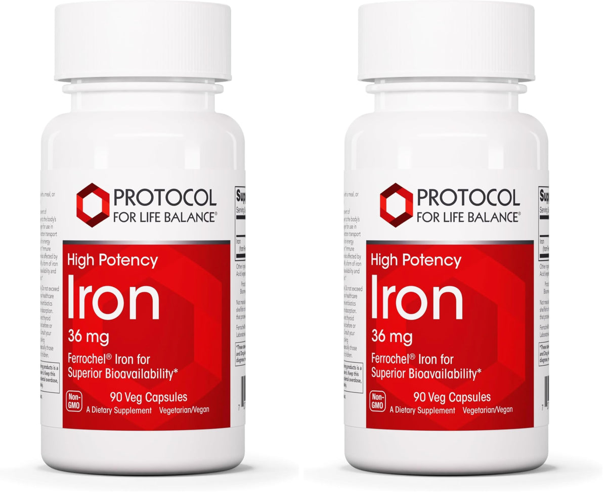 Protocol for Life Balance Iron 36mg bottle on shelf, supports energy and daily immune function.