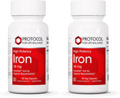 Protocol for Life Balance Iron 36mg bottle on shelf, supports energy and daily immune function.