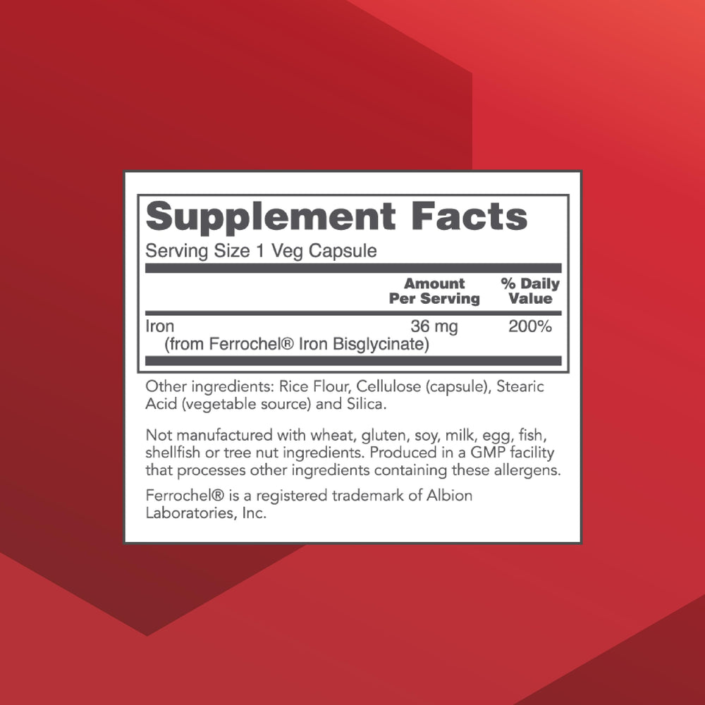 Protocol for Life Balance Iron 36mg capsules close-up, easy-to-swallow bisglycinate form.