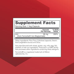 Protocol for Life Balance Iron 36mg capsules close-up, easy-to-swallow bisglycinate form.