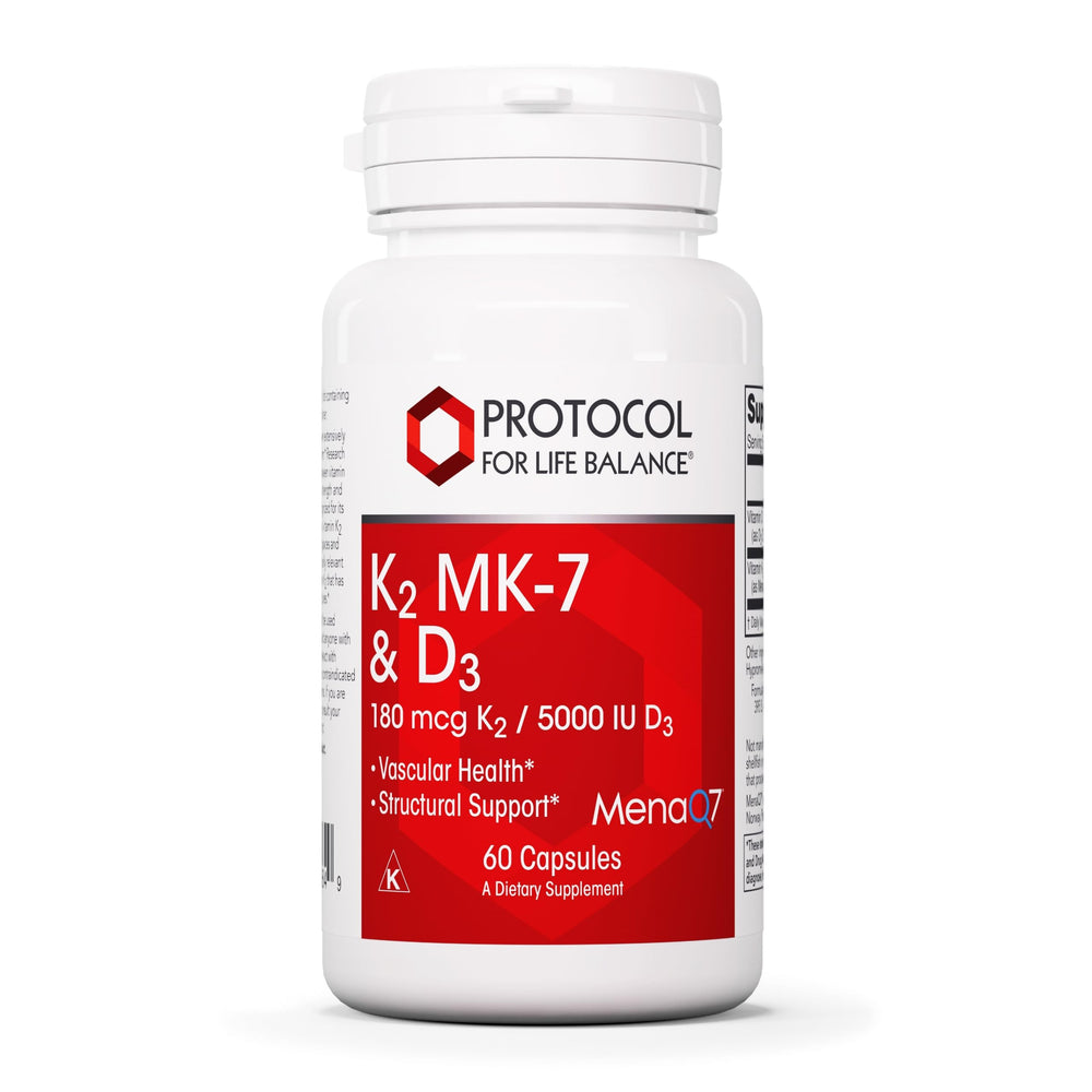 Protocol For Life Balance K2 MK-7 D3 bottle promotes daily bone density support.