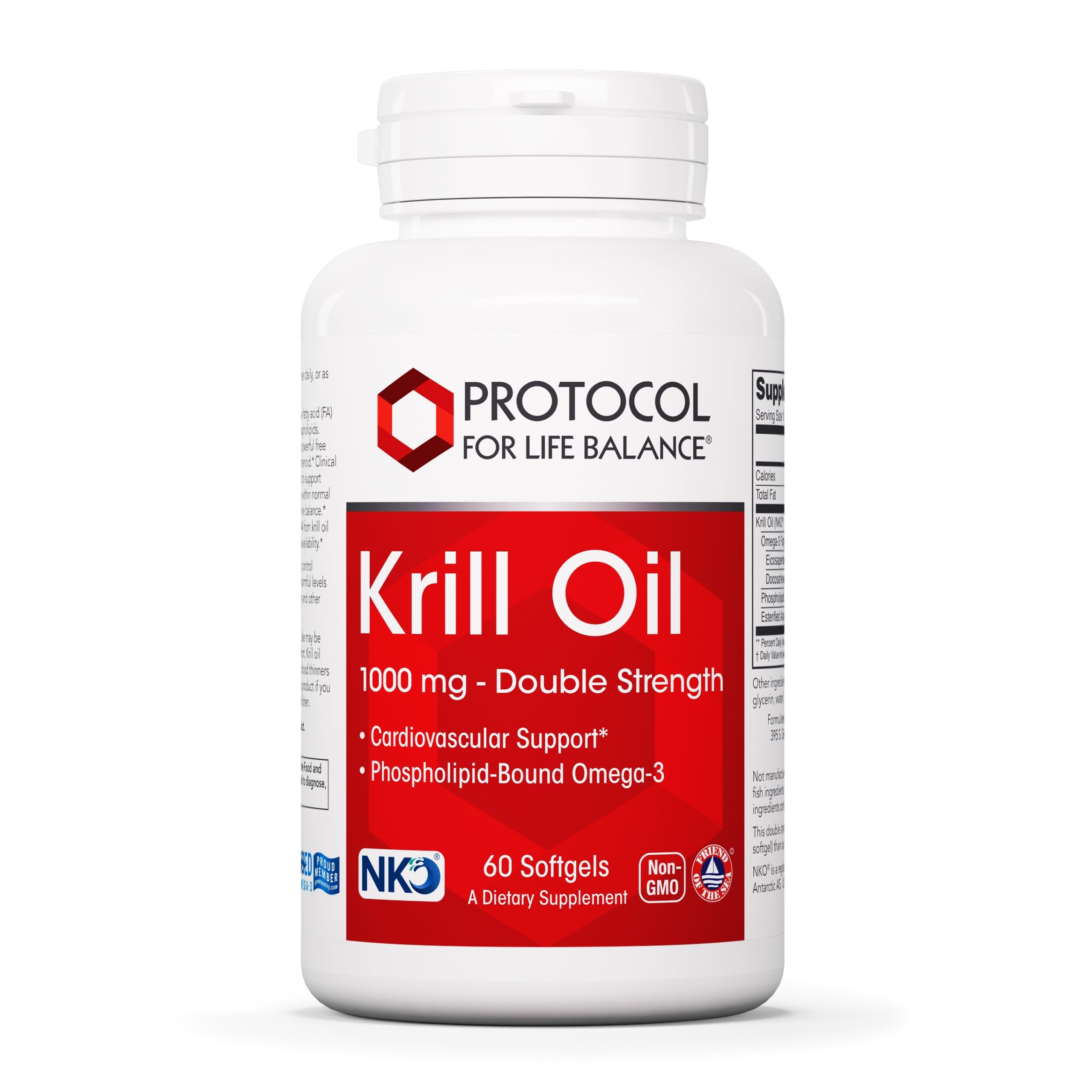 Protocol for Life Balance krill oil bottle with rich omega-3 content for heart support.