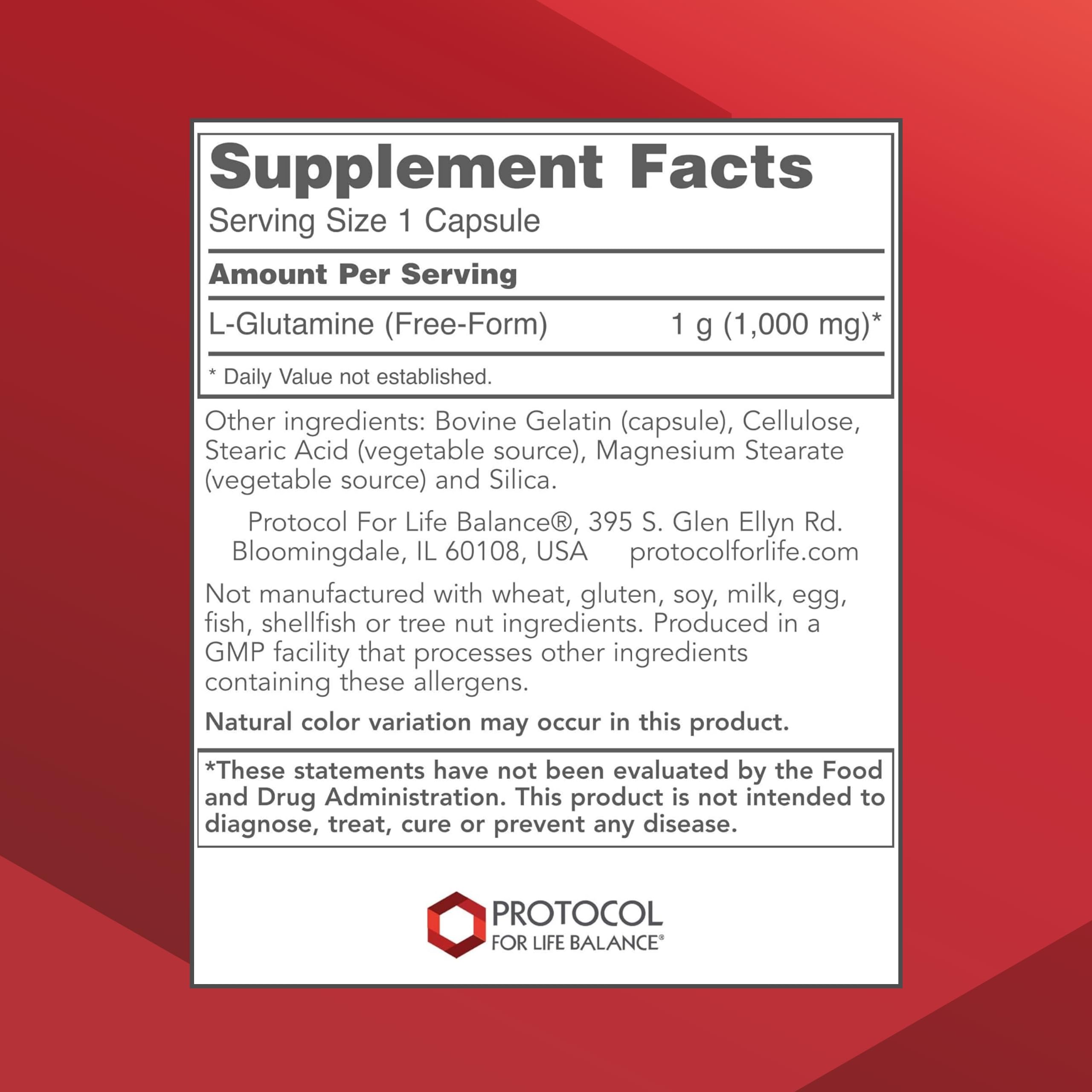 PROTOCOL FOR LIFE BALANCE L-Glutamine capsules—1000mg dose for daily energy.