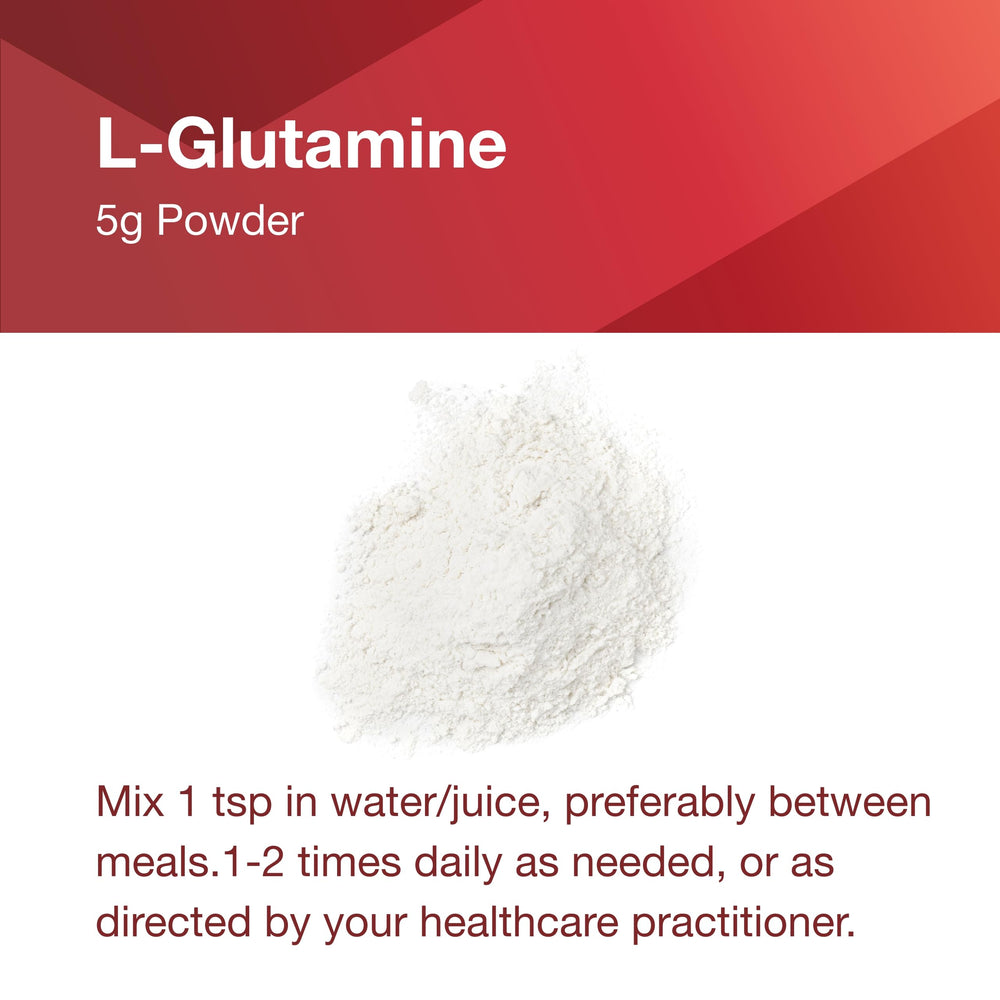 L-Glutamine for gut health using glass and powder imagery.