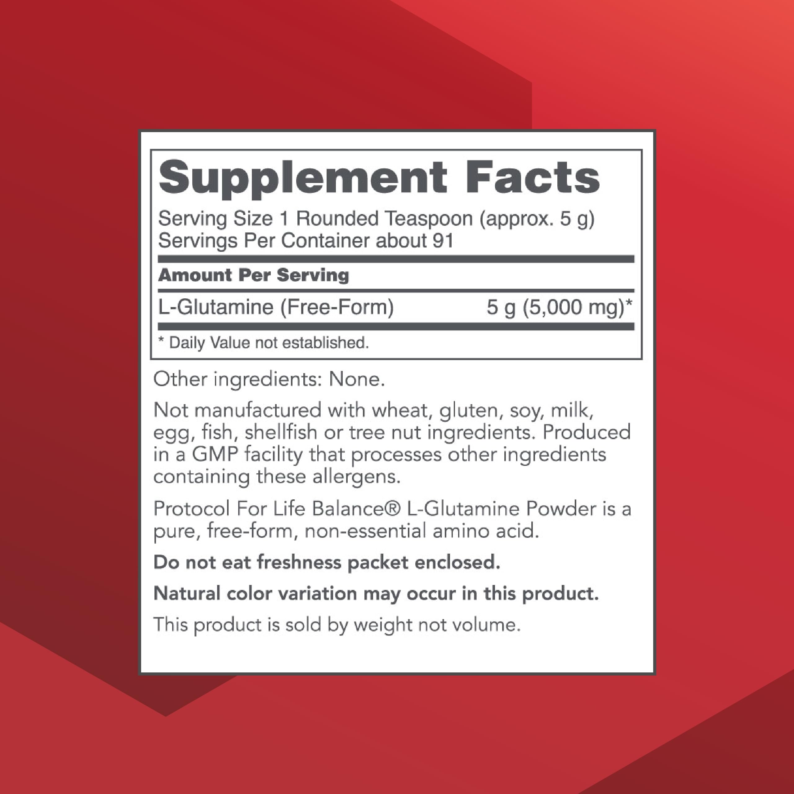Pouring Protocol For Life Balance L-Glutamine powder from the tub into a glass for mixing.