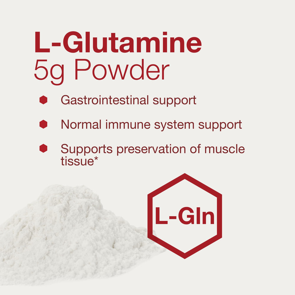 L-Glutamine powder and measuring scoop for precise dosing.