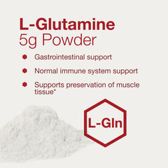 L-Glutamine powder and measuring scoop for precise dosing.