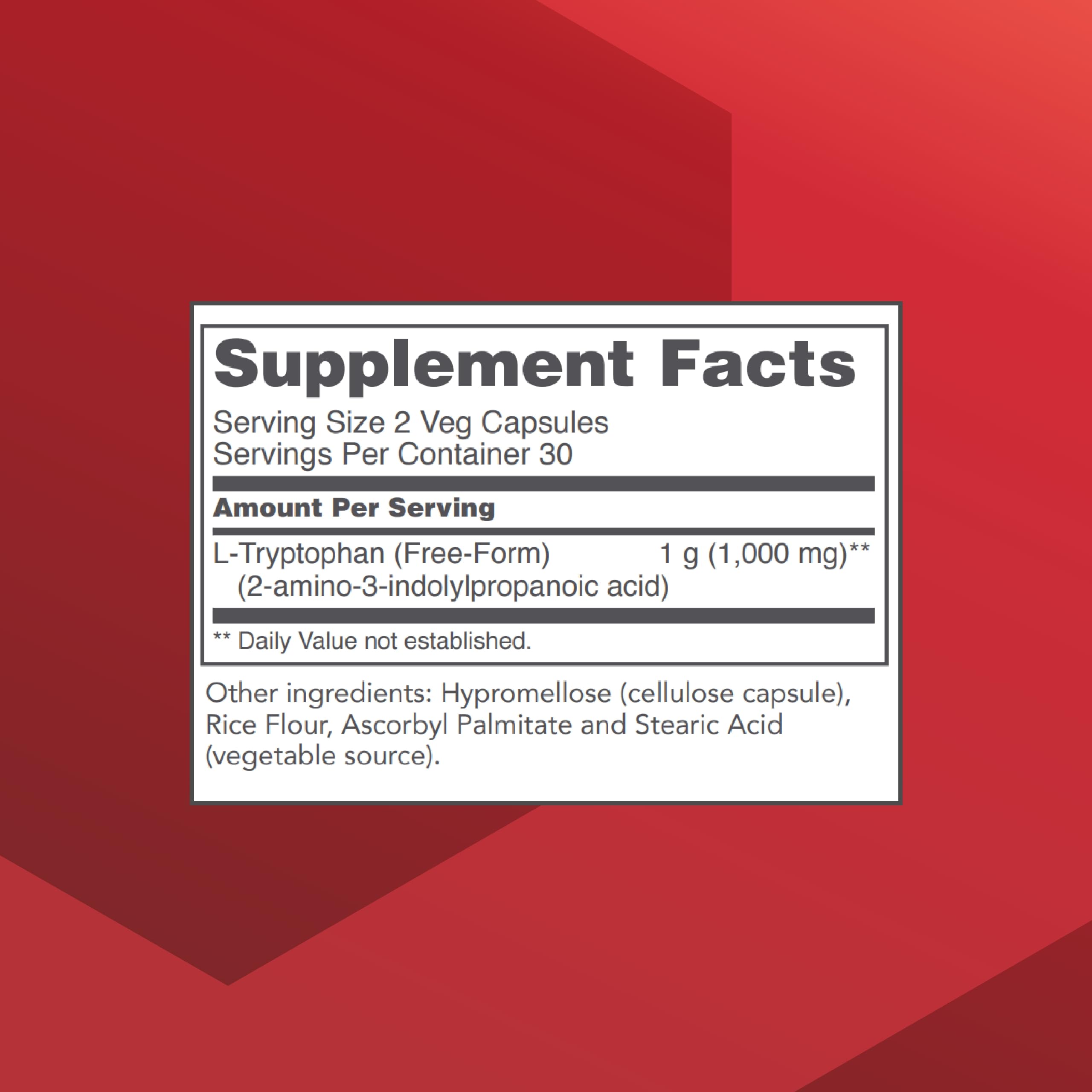 PROTOCOL FOR LIFE BALANCE L-Tryptophan 500mg label shows clean, vegetarian-friendly packaging