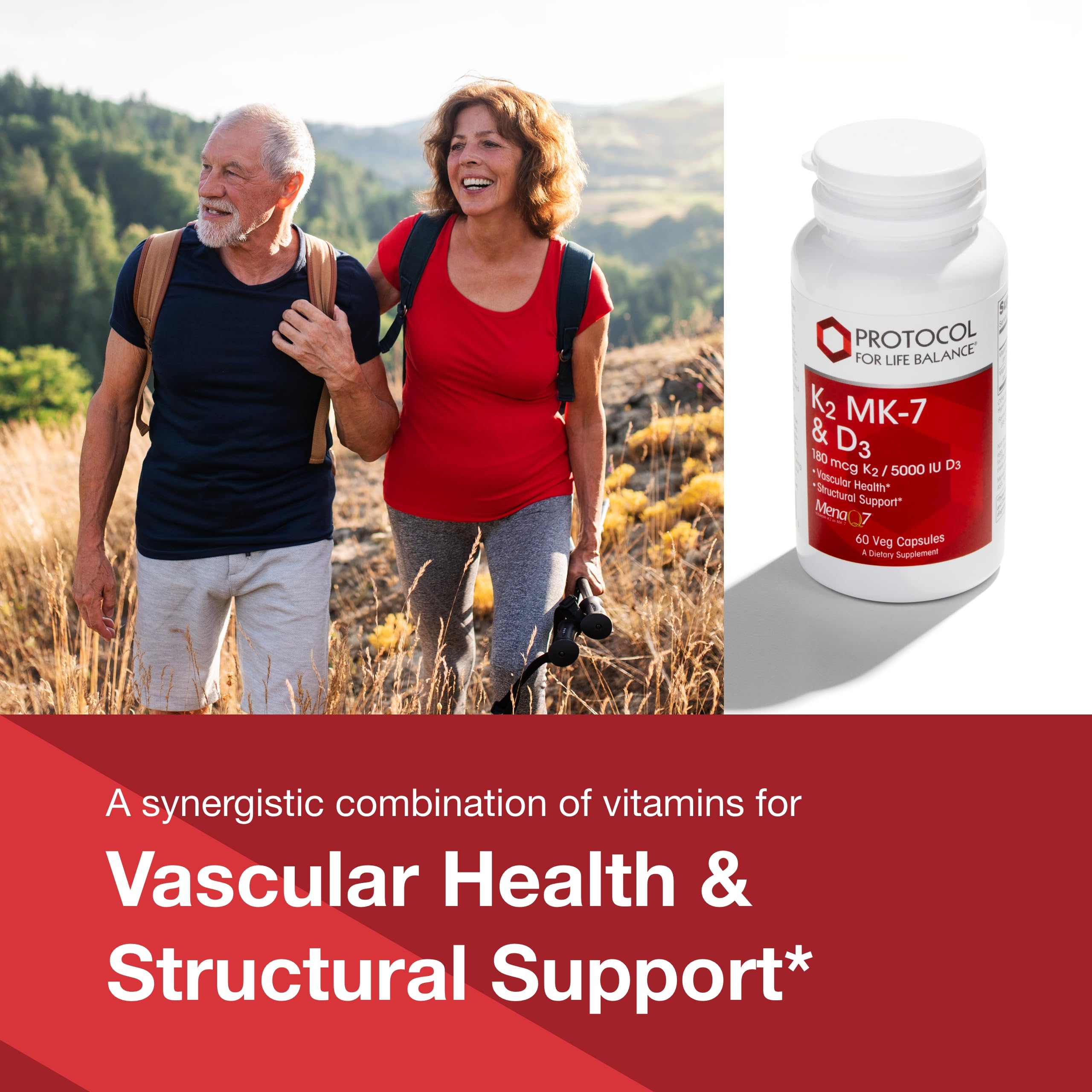 Protocol For Life Balance label closeup highlights D3 and MK-7 ingredients.