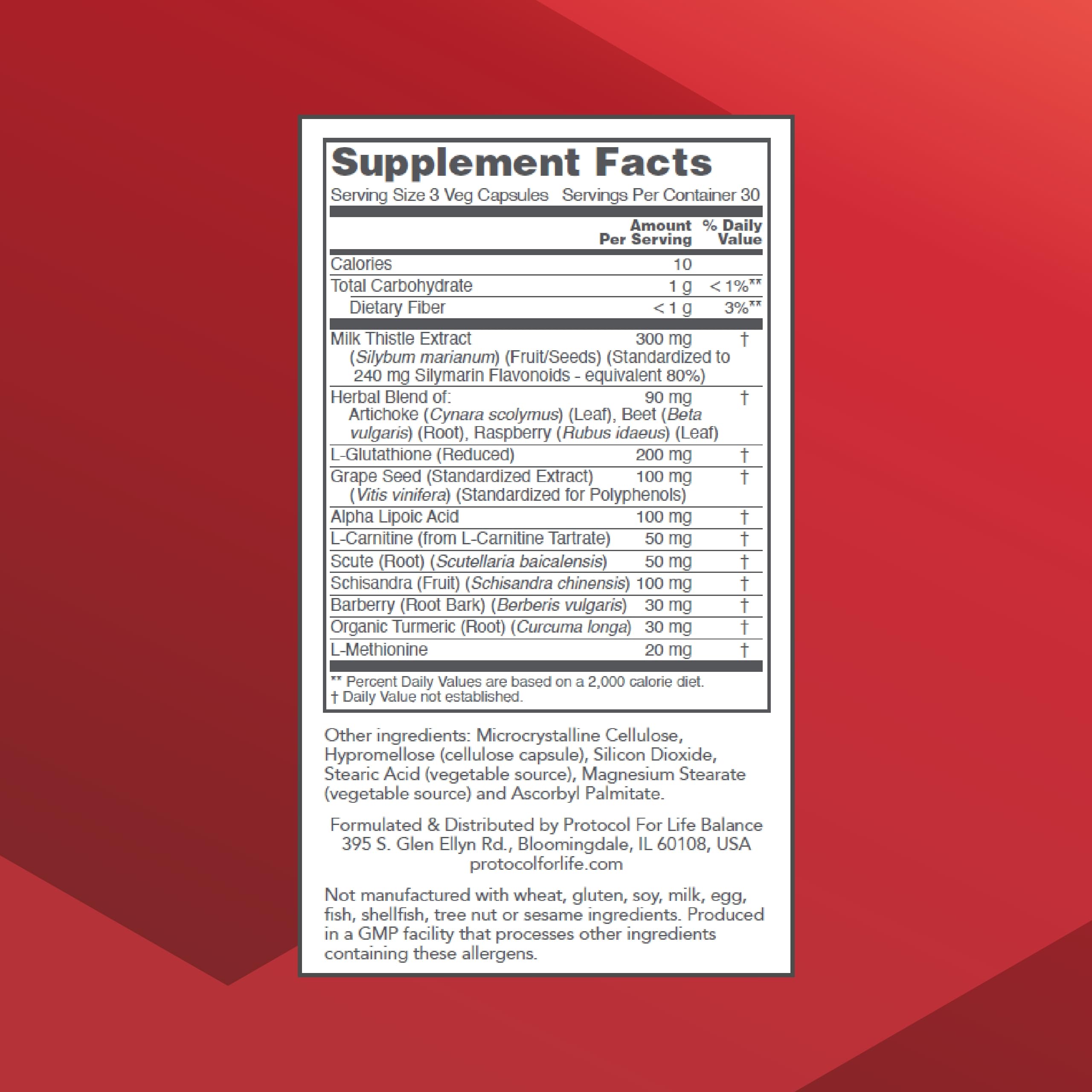 PROTOCOL FOR LIFE BALANCE bottle label shows milk thistle extract and glutathione blend