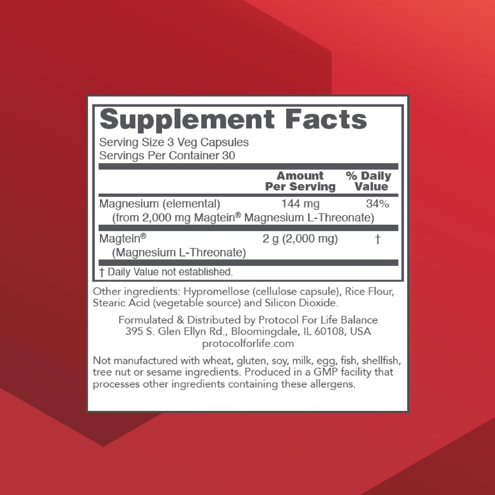 PROTOCOL FOR LIFE BALANCE Magtein bottle label highlights 2,000 mg magnesium threonate